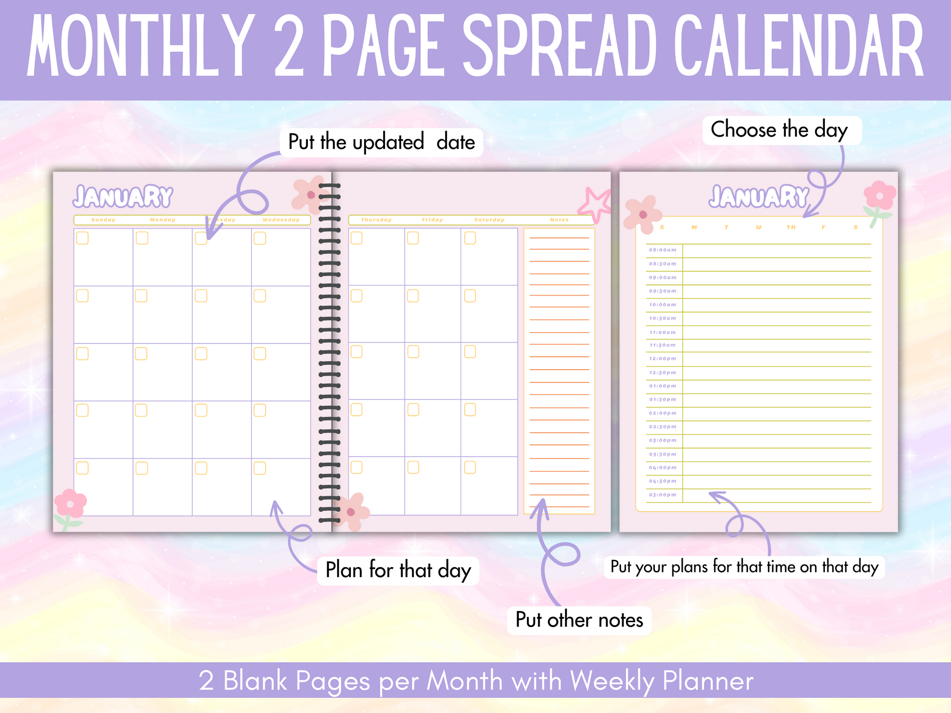 Promotional image for a Weekly Family Planner or Binder, indicating it's an instant download with 71 pages, featuring a colorful design with floral elements and text.