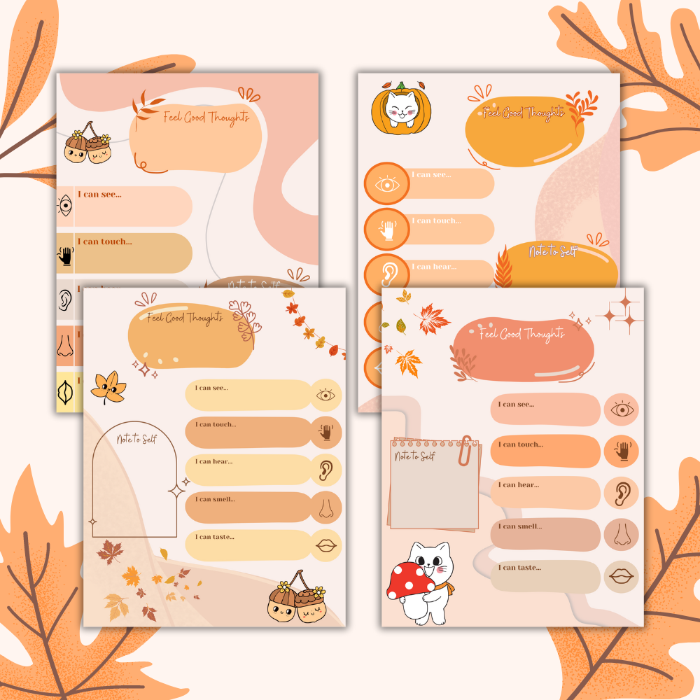 Set of four autumn-themed planner pages with cartoon characters and leaves on a white background.