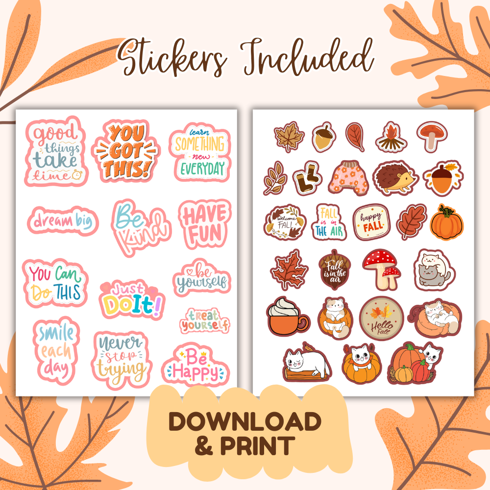 Sticker sheets with motivational phrases and autumn-themed illustrations on a white background.