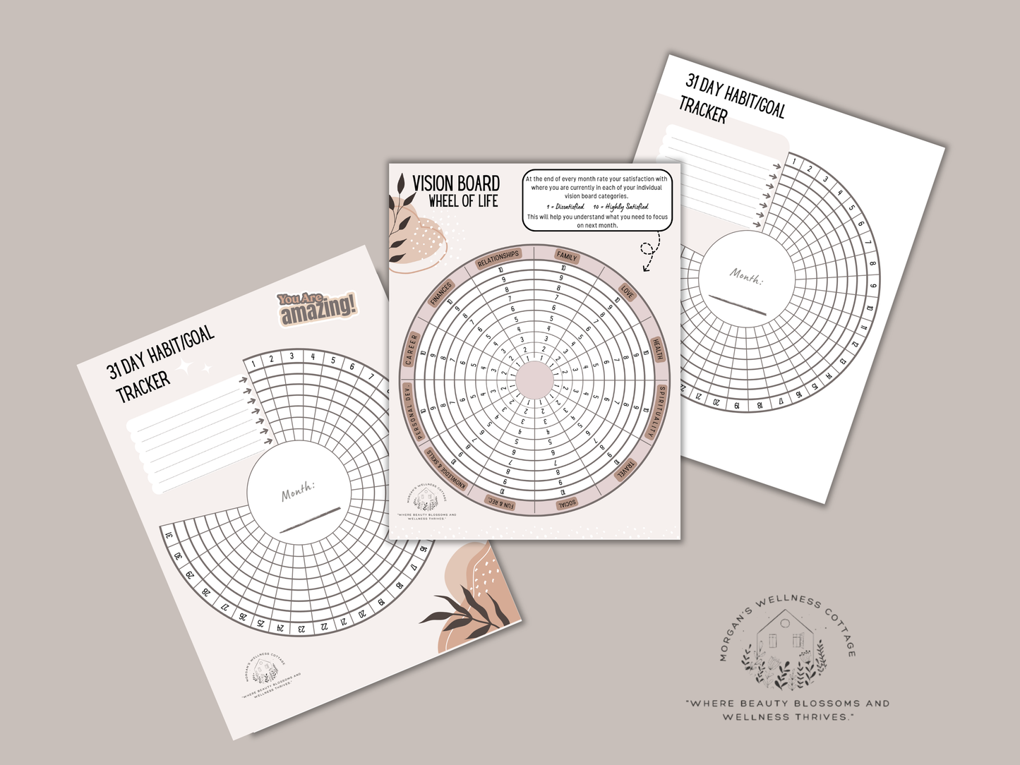A visual planner titled '31 Day Habit/Goal Tracker' with a circular layout, numbers representing days of the month, and sections for tracking habits or goals. The design features a minimalist black and white layout 