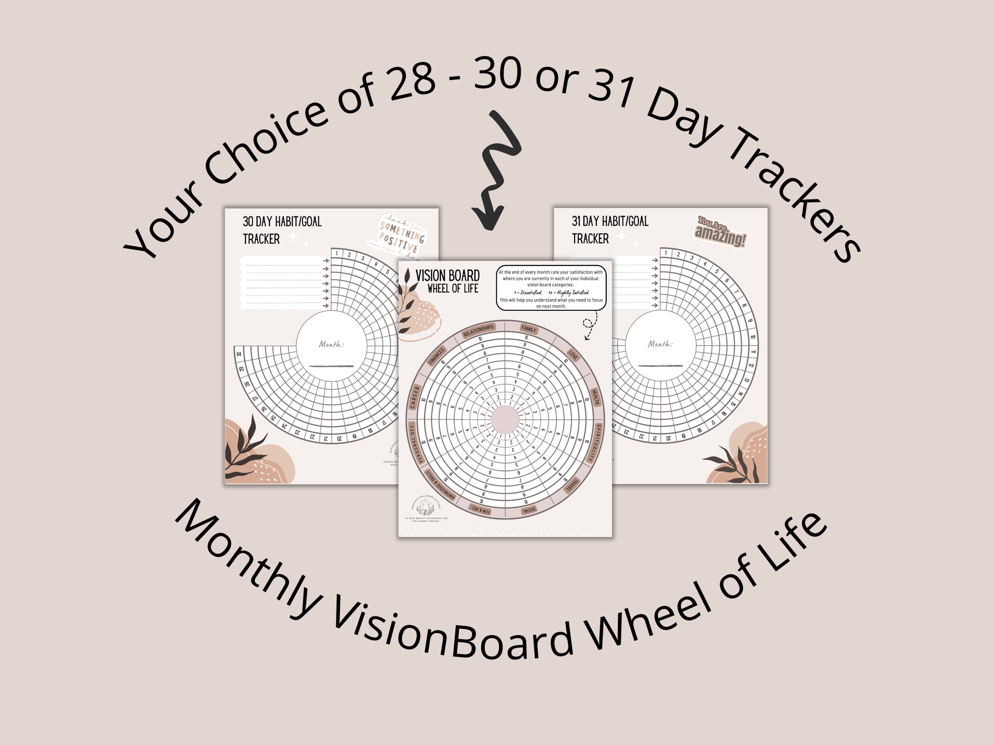 A visual planner titled  28 - 30 or '31 Day Habit/Goal Tracker' with a circular layout, numbers representing days of the month, and sections for tracking habits or goals. The design features a minimalist black and white layout 