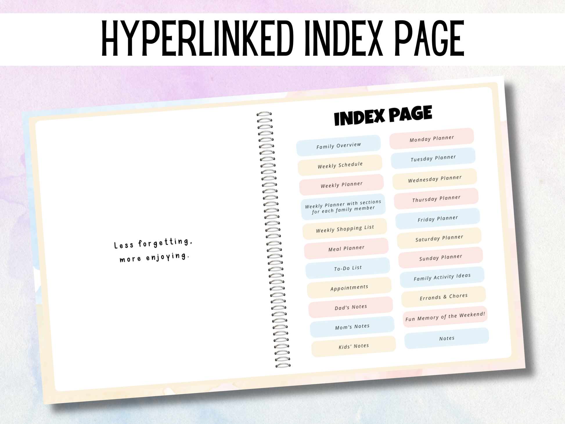 Promotional image showcasing a digital planner titled 'Weekly Family Digital Planner'. Displayed are pages of the planner with hyperlinks, index page, and weekly family planner, indicating organization for family life using digital tools like Goodnotes and Notability.