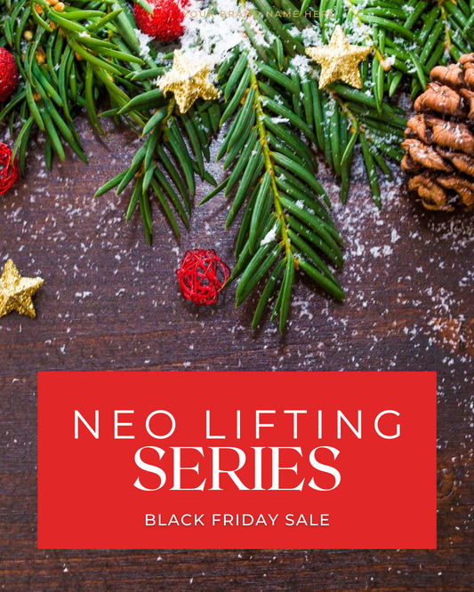 Decorative Christmas scene with greenery, red berries, and gold stars on a dark surface with 'Neo Lifting Series Black Friday Sale' text overlay.