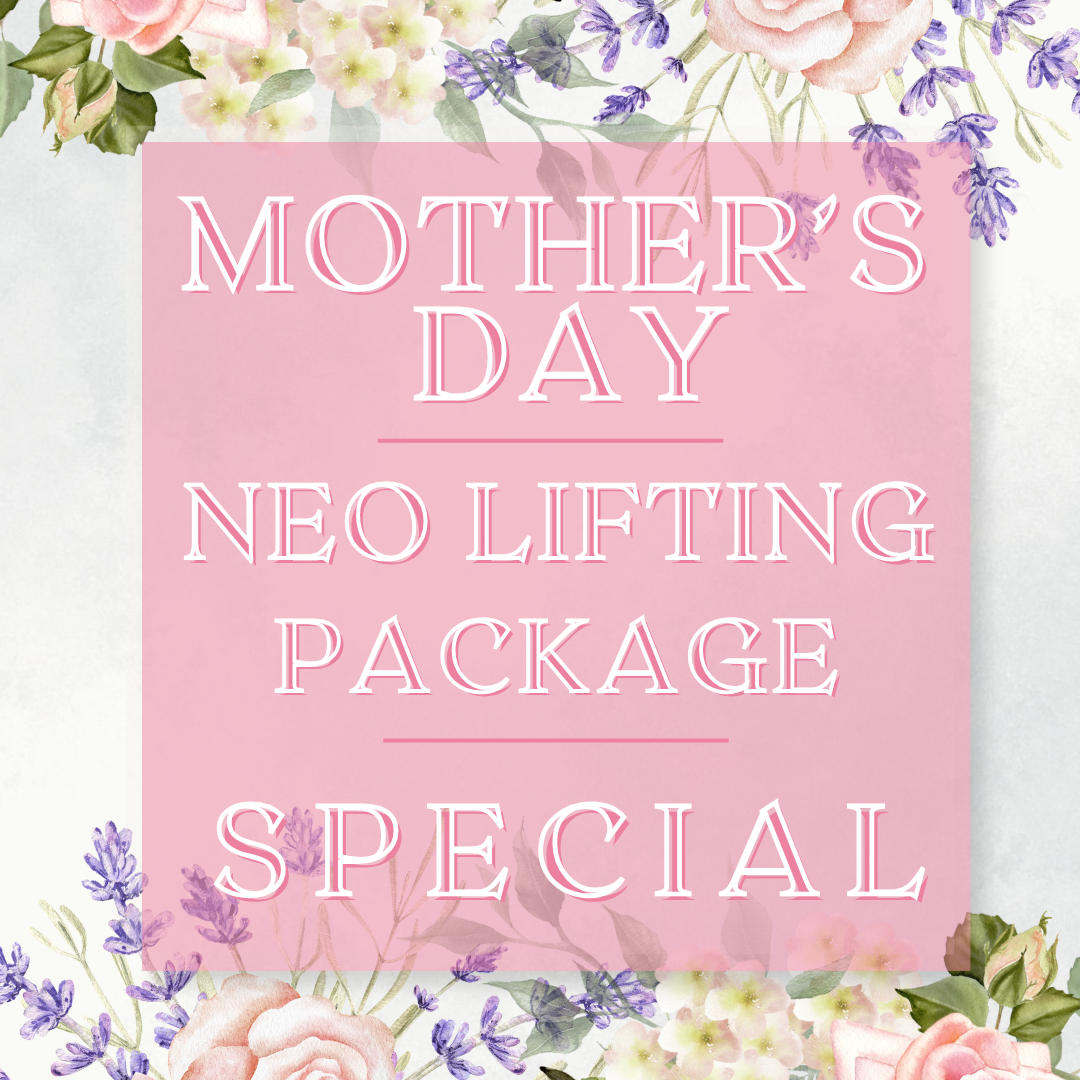 Promotional text for a 'Mother's Day Neo Lifting Package Special' with floral decorations on a pink background.