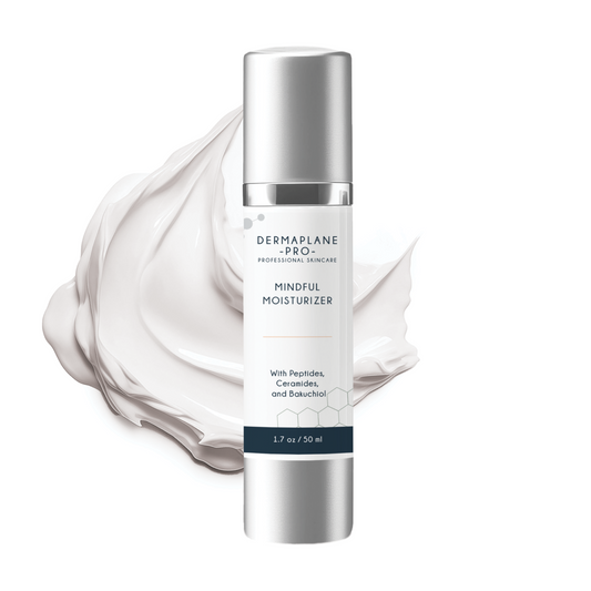 A pump bottle of Mindful Moisturizer byDERMAPLAN PRO, with a swirling white cream emerging from the bottle, indicating a luxurious and lightweight texture.