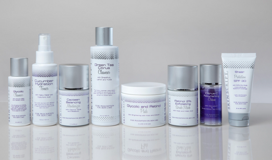 A range of skin care products including cleansers, exfoliating scrubs, pads, toners, creams, and moisturizers from SKINSCRIPTS.