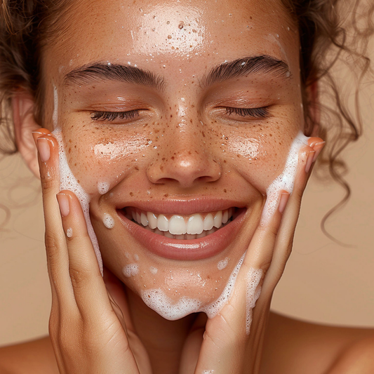 Woman with foamy cleanser on her face against a neutral background
