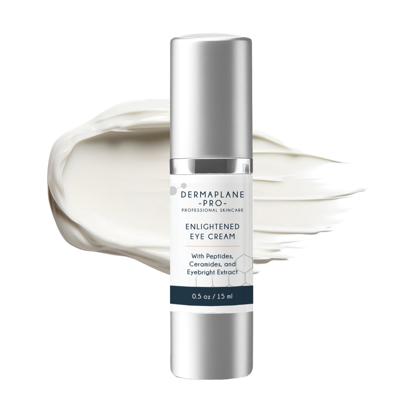 A pump bottle of Enlightened Eye Cream by Dermplan Pro, with a swatch of the cream showing its texture.
