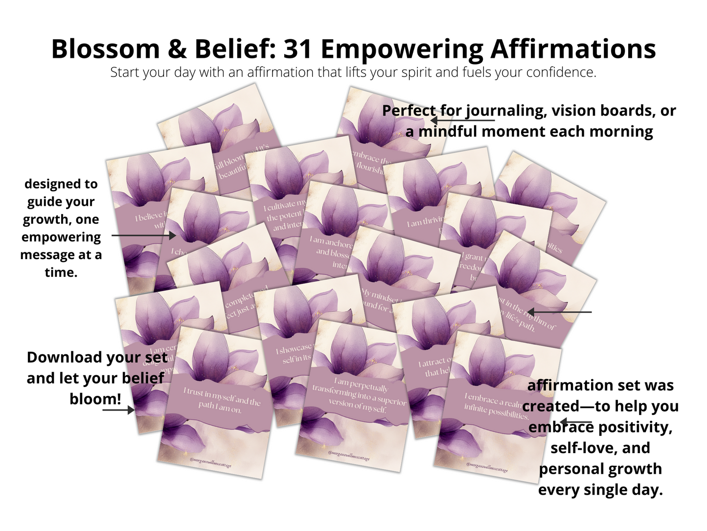 A promotional image featuring a set of cards with floral designs and text, titled 'Blossom & Belief: 31 Empowering Affirmations for Daily Growth'.