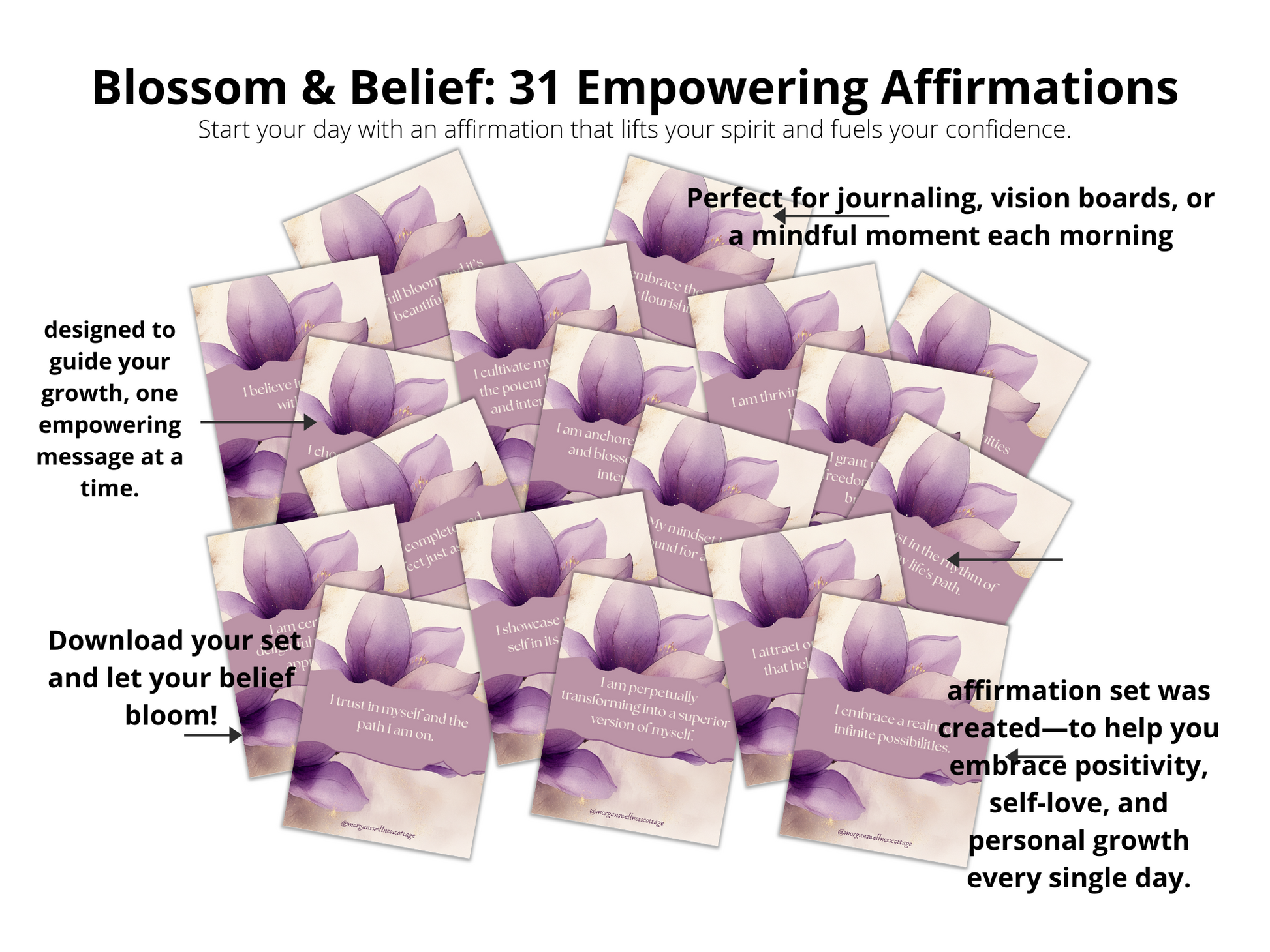 A promotional image featuring a set of cards with floral designs and text, titled 'Blossom & Belief: 31 Empowering Affirmations for Daily Growth'.